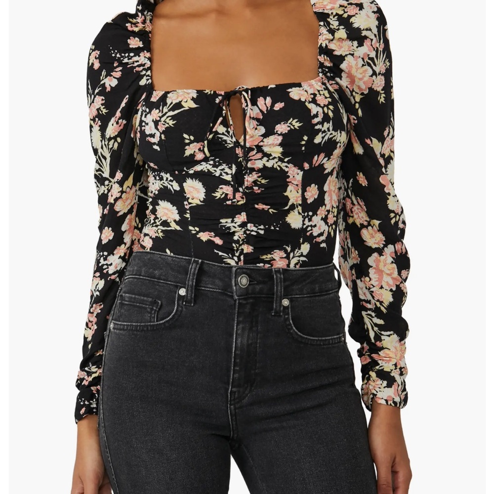 Free People Hilary Printed Top Black Floral Long Sleeve Square Neck Size Medium